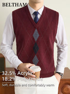 New Autumn Winter Men Sleeveless Knit Vest, Ideal Gift for Dad And Husband, V Neck Pullover Design, Warm Cold Resistant Soft Comfortable Sweater Waistcoat, Minimal Elegant Versatile Top for Daily Casual Business Sports Camping Wear - Burgundy