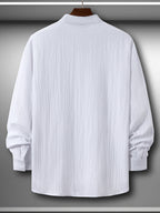 Men'S Classic Solid Color Casual Long-Sleeve Button-Up Shirt with a Stand Collar Design, Machine Washable, Featuring Calvin Letter Print, Suitable for All Seasons, Perfect for Outings, The Beach, And Everyday Wear, with a Loose Fit - White
