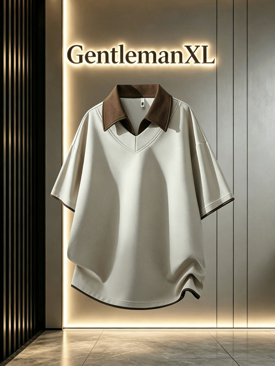 Men'S Summer Lapel Built-In Faux Two-Piece V-Neck, Cuffed Sleeves, Unisex Off-Shoulder Loose Curved Hem Drapey Short Sleeve T-Shirt - Khaki