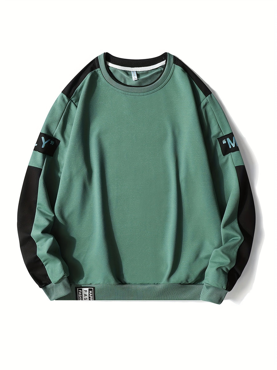 1pc Men's Casual Sportswear Top, Pullover Fashion Long Sleeve, Suitable for Spring and Autumn Outdoor Daily Running, Color-Block Letter Men's Sweatshirt - Green