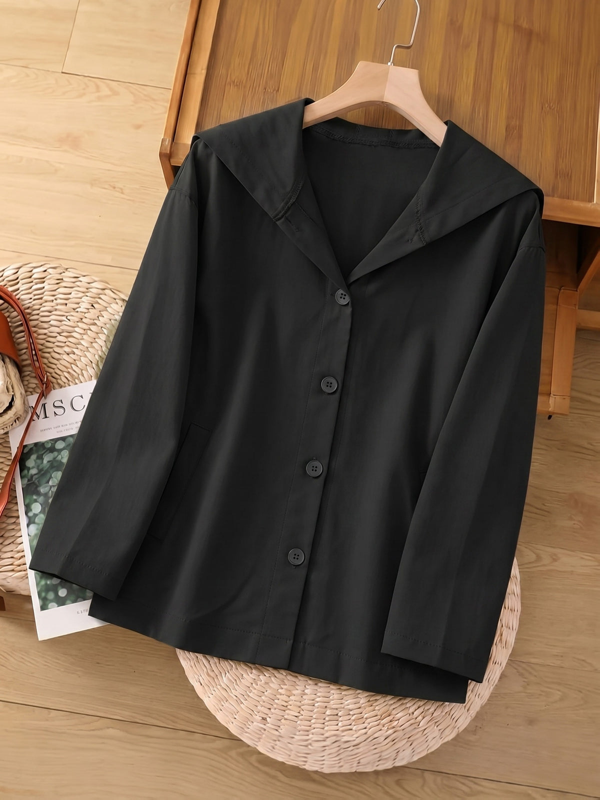 Women'S Fashion Commuter Single Button Fake Side Pocket Loose All-Match Thin Hooded Jacket - Black