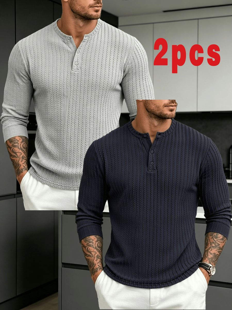 Halloween Thanksgiving Black Friday Cyber Monday Christmas Ultra V 2pcs Men'S Vertical Texture Henley Long Sleeve T-Shirts, High-Elastic Jacquard Fabric Slimming And Slimming, Semi-Open Button Collar Easy And Atmospheric - Hidden Ash