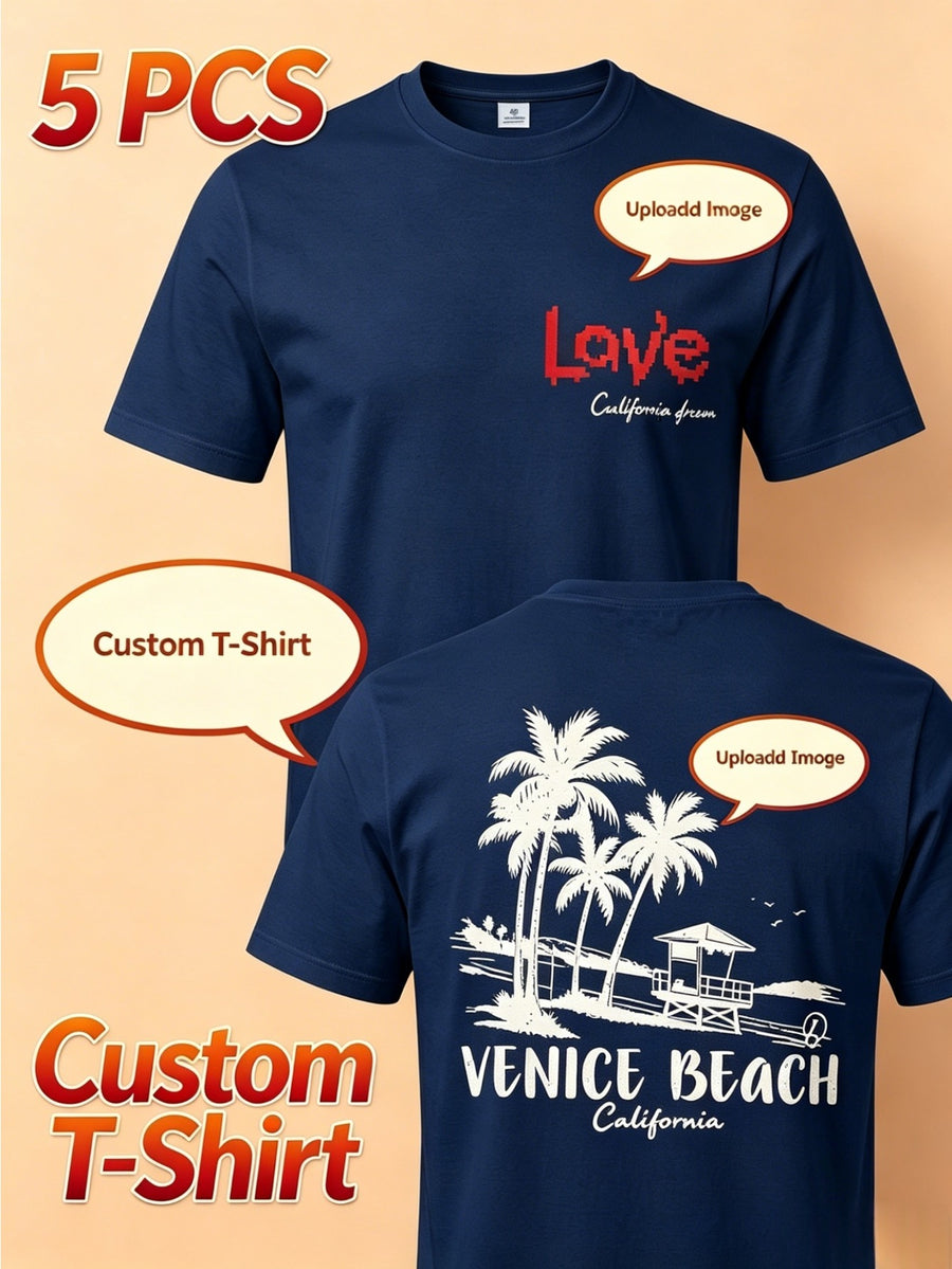 Summer Men's 5pcs Pure Cotton Short-Sleeve T-Shirts, Classic Crew Neck Versatile Basic Style, Soft Breathable Regular Fit, Custom Print Patterns Available, Ideal for Daily Wear, Team Apparel, and Commemorative Work Uniforms - Navy Color