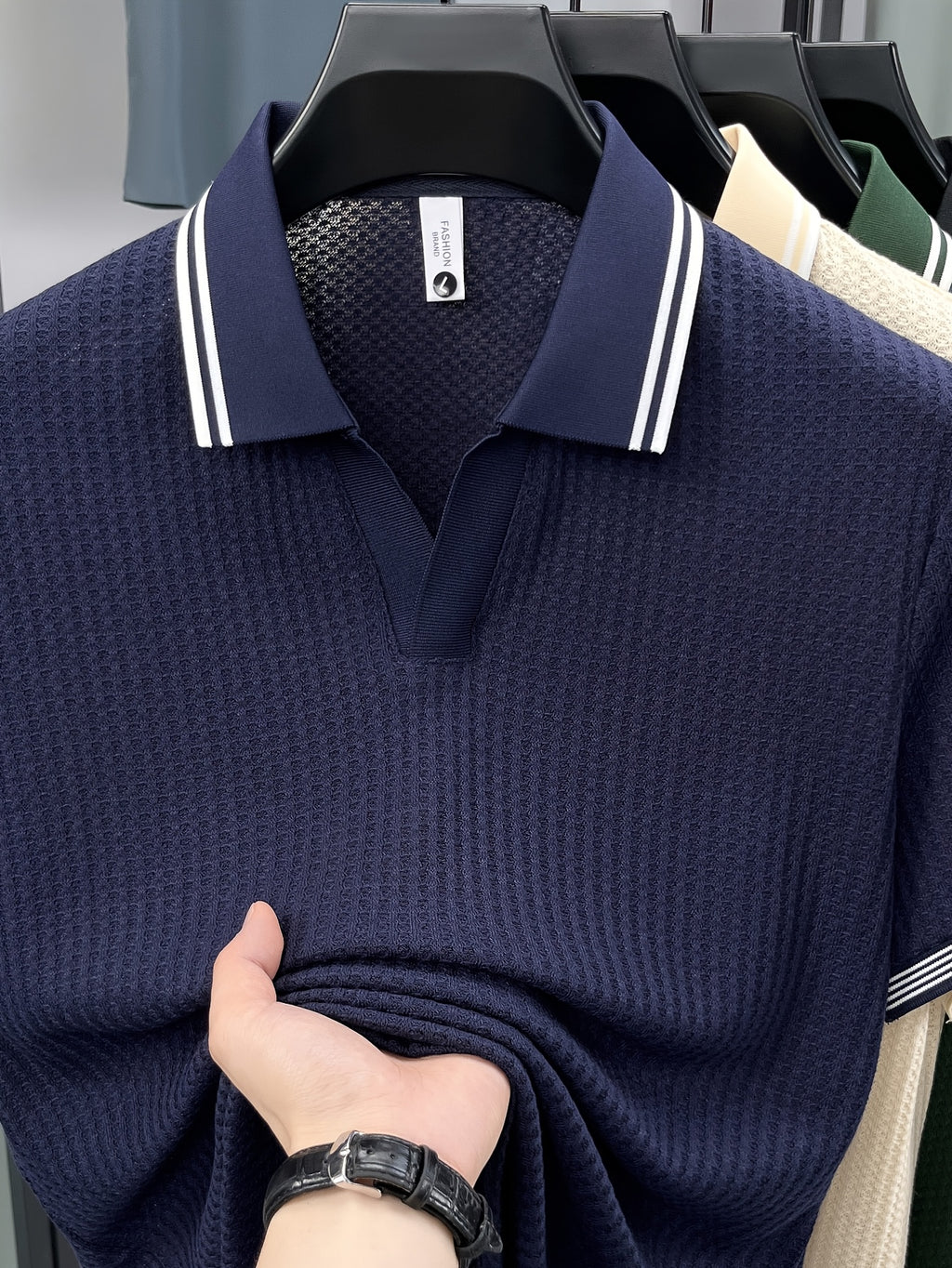 Men'S Scissor Collar Sweater, Summer Short Sleeve Breathable Knit Top, Contrast Striped Collar Design, Casual Knit Top, Summer Thin Breathable V-Neck Short Sleeve T-Shirt, Men'S Top - Navy Color