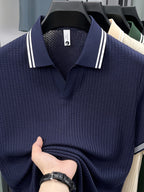 Men'S Scissor Collar Sweater, Summer Short Sleeve Breathable Knit Top, Contrast Striped Collar Design, Casual Knit Top, Summer Thin Breathable V-Neck Short Sleeve T-Shirt, Men'S Top - Navy Color