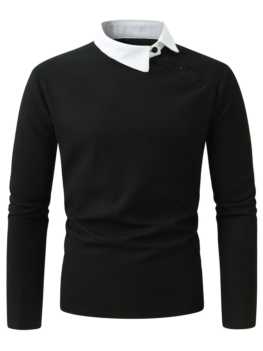 Men'S Contrast Color Long Sleeve Casual Commuter Polo Shirt, Men'S Casual Top Knit T-Shirt, POLO Shirt Cross-Design for Daily Leisure, Weekend Outings, Outdoor Activities, Travel And Adventure, Relaxed Work Environment, Or Semi-Formal Occasions - Black