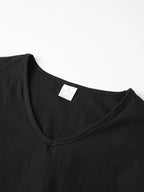 Japanese Texture Pleated Linen Athletic Long Sleeve Men'S Size Large V-Neck Loose Commuter Fitness Outerwear Lightweight Sunscreen Base Layer Summer Non-Stuffy Sunscreen Long Sleeve Loose V-Neck Linen Men'S Casual Athletic T-Shirt - Black