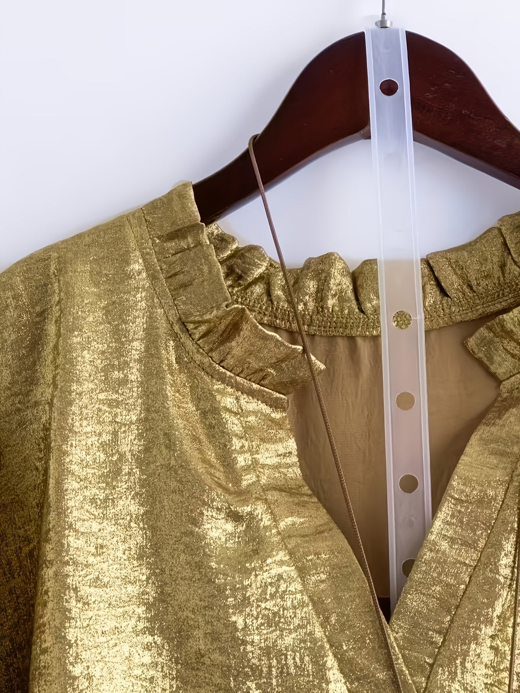 Adjustable Cuffs Women'S Blouse Top, Necklace Not Included, Elegant Shirt, Gold-Foiled Fabric, Women'S Shirt, Women'S Blouse, Long Sleeve Shirt - Golden