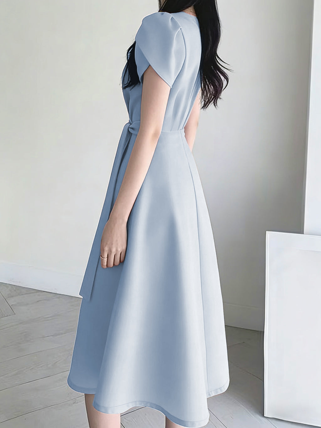 Women'S Belt Dress, Solid Color Loose Elegant Puff Sleeve V-Neck Tie-Waist A-Line Midi Dress - Lightweight Breathable Summer Commute And Party Dress, Suitable for Wedding Guest, Party Or Summer Outfit, Casual Commute - Sky Blue