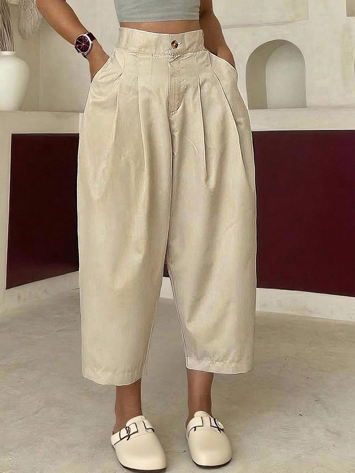 Casual Daily Street Fashion Solid High-Waist Slant Pocket Ruched Trousers - Easy Style, Suitable for Commuting/Work/Office/Casual Multi-Occasion Wear - Apricot