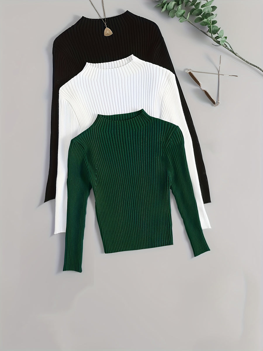 3pcs Set Stand Collar Ribbed Base Layer Stretch Plain Color Versatile Vintage - Mixed Color 4