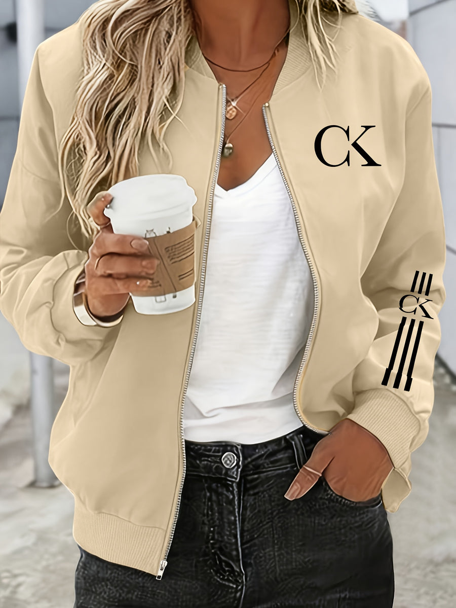 2026 Fashionable Individual Round Neck Design Women'S New Jacket Coat Carnival Letter Pattern Printed Top Casual Open Front Zippered Jacket, Circle - Khaki