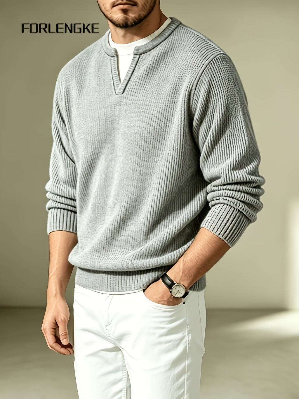 FORLENGKE Men'S Faux 2pcs V-Neck Sweater Autumn New Heavyweight Thick Needle Color-Block Knitwear, Easy Small V-Neck Design Creating Layered Look, Soft And Thick Fabric Comfortable And Skin-Friendly, Loose And Versatile Fit - Grey