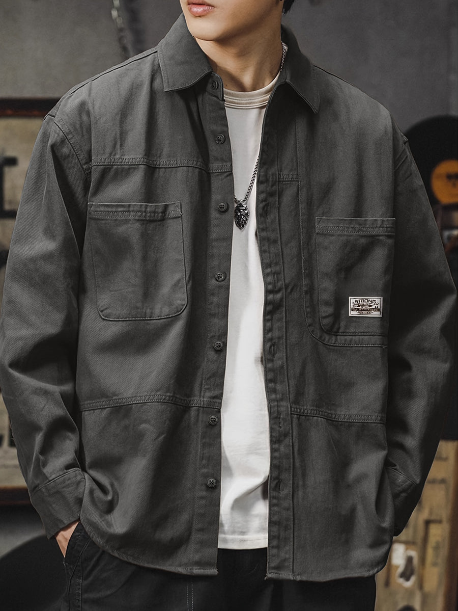 Men'S Cargo Shirt Spring Autumn Long Sleeve Top Vintage Workwear Style Multi-Pocket American Casual Top Outerwear, New Season - Grey