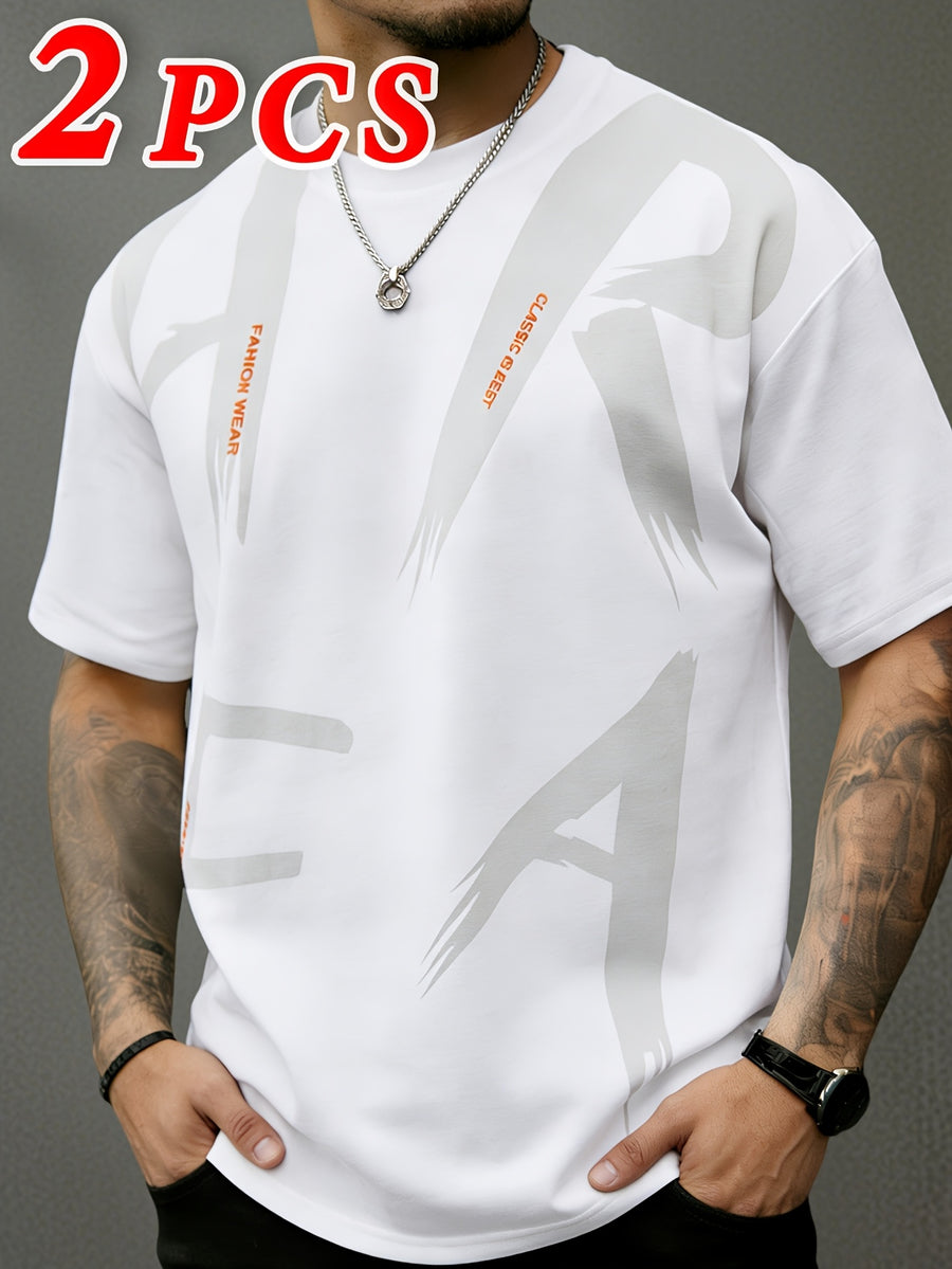 2pcs, Men'S Short Sleeve T-Shirts, Summer Short Sleeve Fashion Trendy Short Sleeve T-Shirts, Loose Letter Print Elastic Short Sleeve Sports Top, Teenager Round Neck Breathable Trendy T-Shirt, Suitable for Daily Wear, School, Street, Sports Wear - 2pcs-white+black