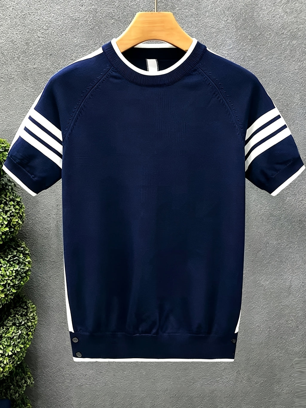 Men'S Knit Pullover Sweater in Stock Summer Light Mature Fashion Brand Contrast Striped Premium Knit Short Sleeve Men'S Round Neck T-Shirt Top - Navy Color
