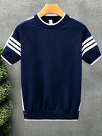 Men'S Knit Pullover Sweater in Stock Summer Light Mature Fashion Brand Contrast Striped Premium Knit Short Sleeve Men'S Round Neck T-Shirt Top - Navy Color