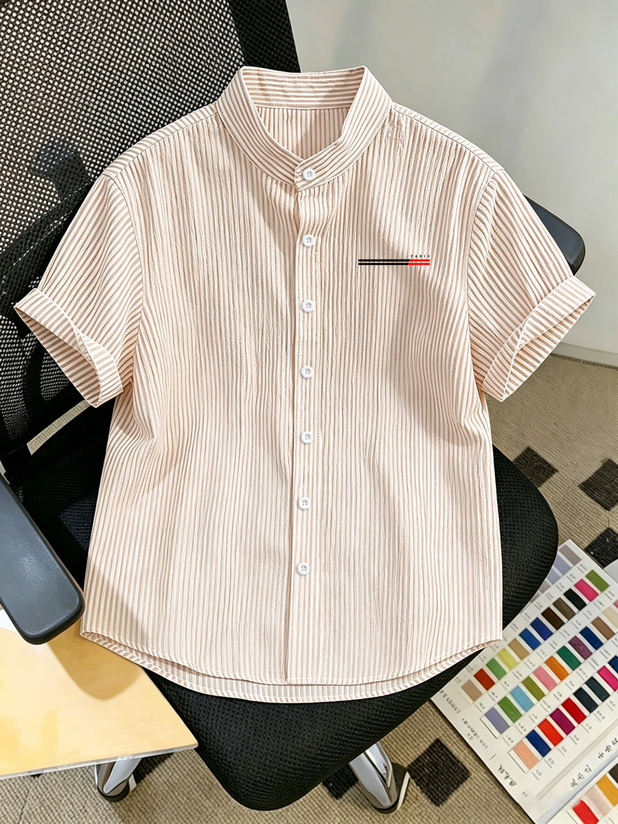 Men'S Striped Shirt Easy Print, Breathable Striped Summer Shirt, Stand-Up Collar Design Suitable for Beach Outings And Daily Casual, Beach Shirt, Outdoor Leisure, Soft Texture, Vacation Wear - Khaki