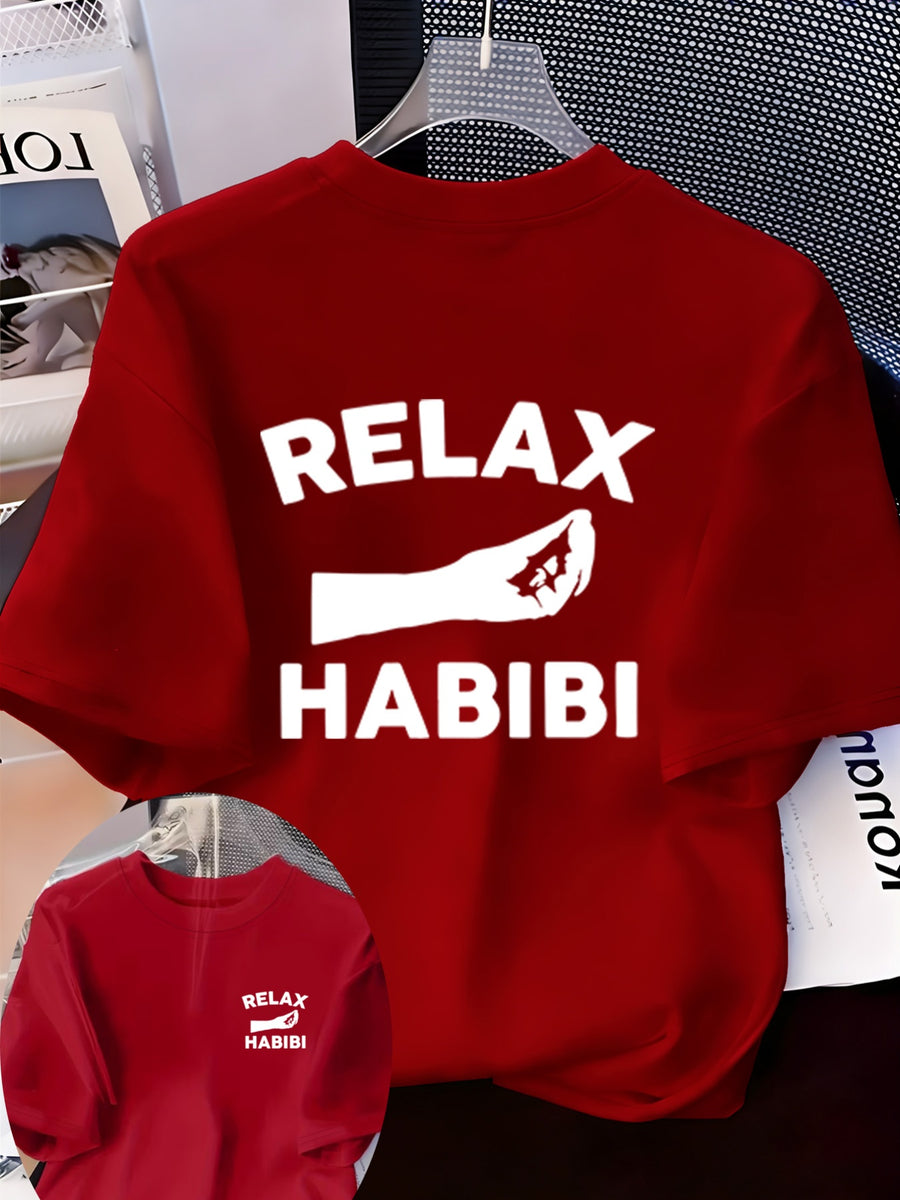 Front And Back Printed Women'S Fashion Base Print T-Shirt, Soft And Versatile, Casual Style Printed Pattern with RELAX HABIBI Lettering And Hand Gesture Design Printed Short Sleeve T-Shirt, Suitable for Casual Wear, Fashion All-Season Top - Red