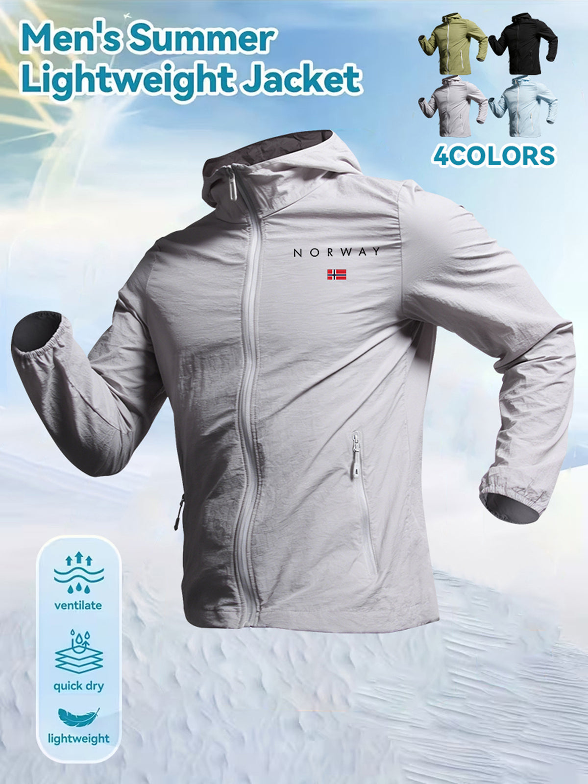 Men's Weiguo Flag Print Lightweight Summer Skin Undershirt, Breathable Lightweight Hooded Jacket, Available in Four Colors, Suitable for Hiking, Running, Traveling, Fishing, Cycling, and Other Scenarios - Grey