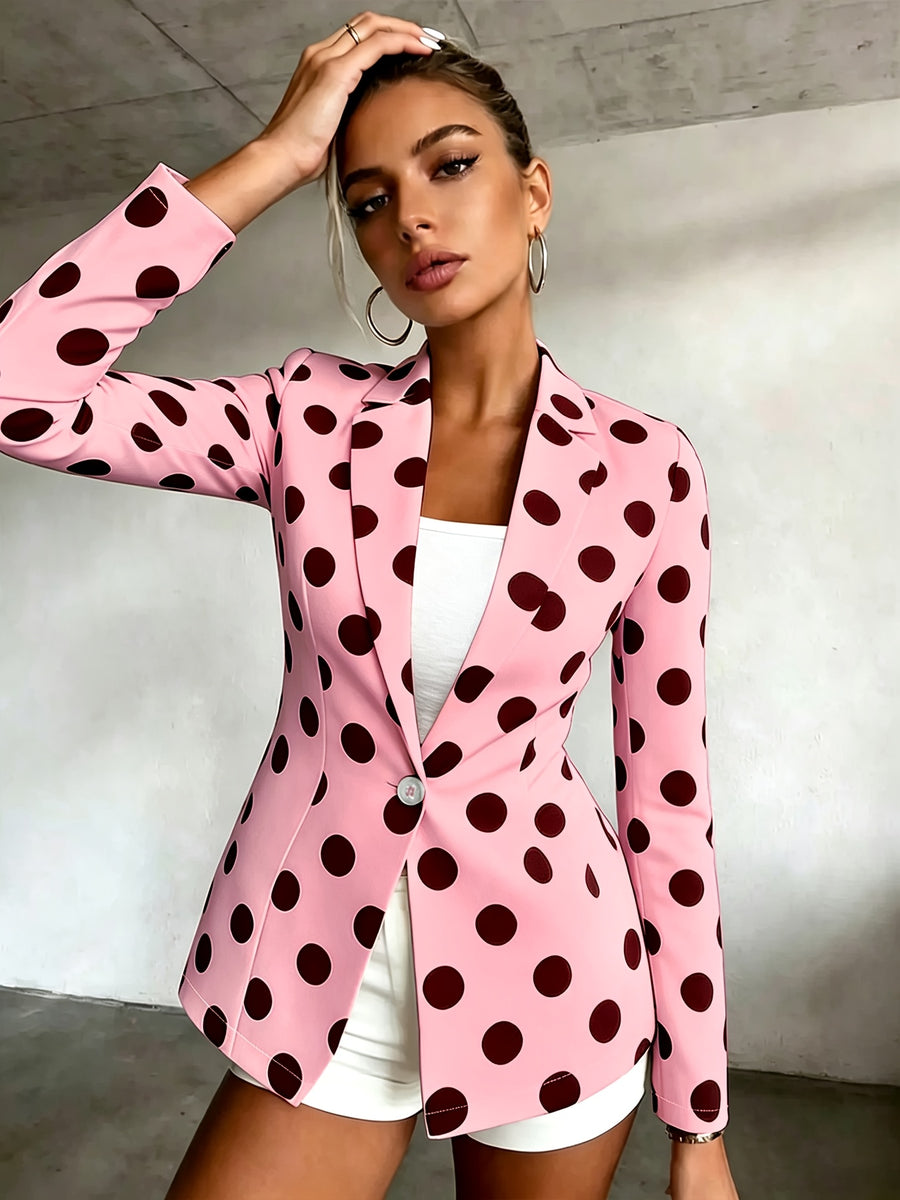 Women's Polka Dot Pattern Button-Up Long Sleeve Blazer, Women's Top, Suitable for Spring, Summer, Autumn, A Must-Have Item for All Seasons, Machine Washable, for Office Commuting and Casual Outings - Pink Color