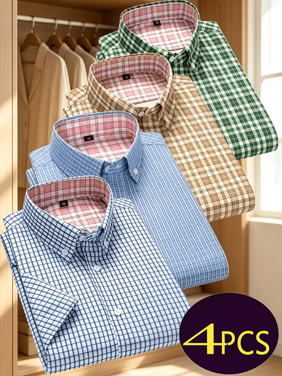Multi-Color Plaid Men'S Short Sleeve Shirt 4pcs Set, Christmas Gift, Holiday Wear, Office, Date Night, Easy Fit with Festive Style, Casual Wear, Full Holiday Atmosphere, Easy to Get Festive Photos, Easy Cut, Versatile for Layering And Single Wear - Green+Khaki+Silvery Gray+Light Blue