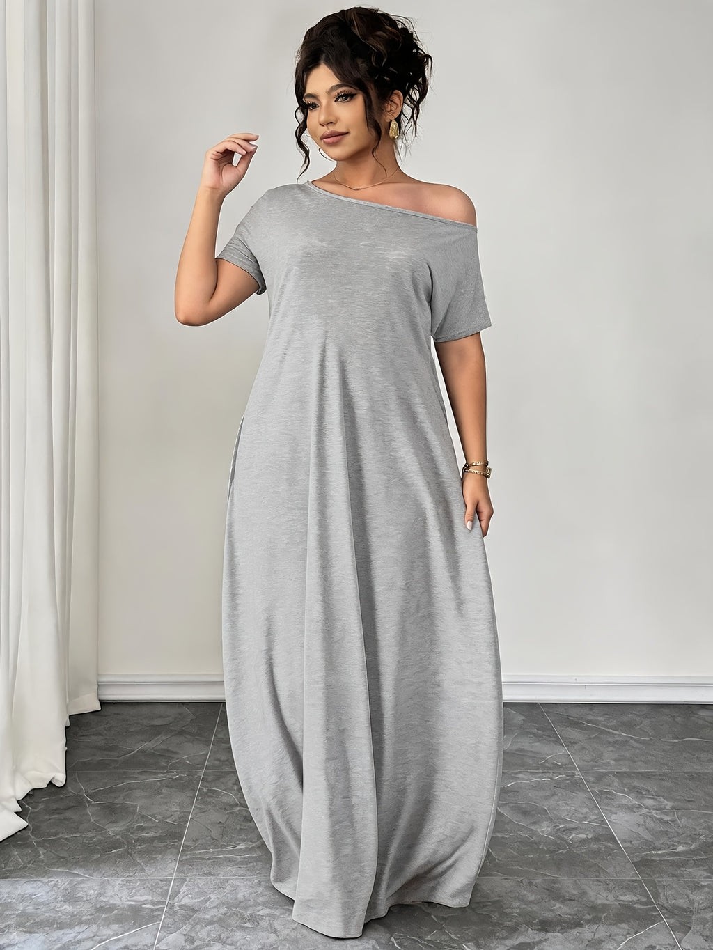 Women'S Plus-Size Nightgown, Shoulder-Slit Short-Sleeve Home Dress, Can Be Worn As an Outer Loose And Comfortable Home Dress, Summer Women'S Dress, Summer Clothing - Silvery Grey