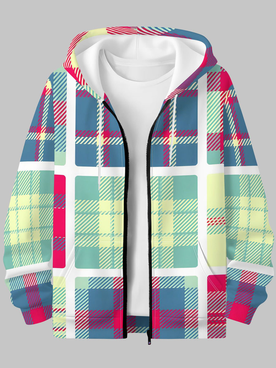 Men'S Autumn Winter Zipper Hooded Sweatshirt Retro Plaid Pattern Collage Print Casual All-Match Top - Mixed colors
