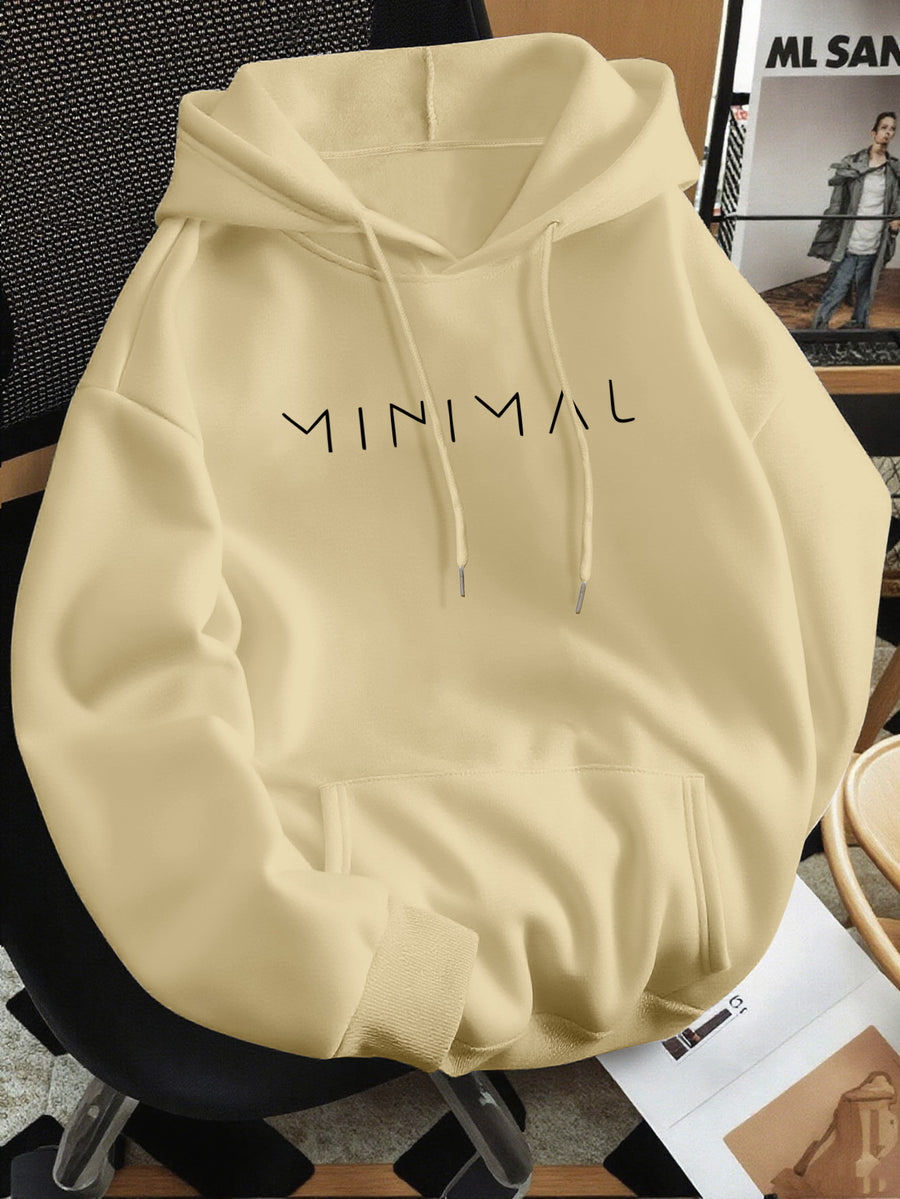 Minimalist Style Letter Print Hooded Sweatshirt, Versatile Top for Daily Casual and Commuting - Apricot