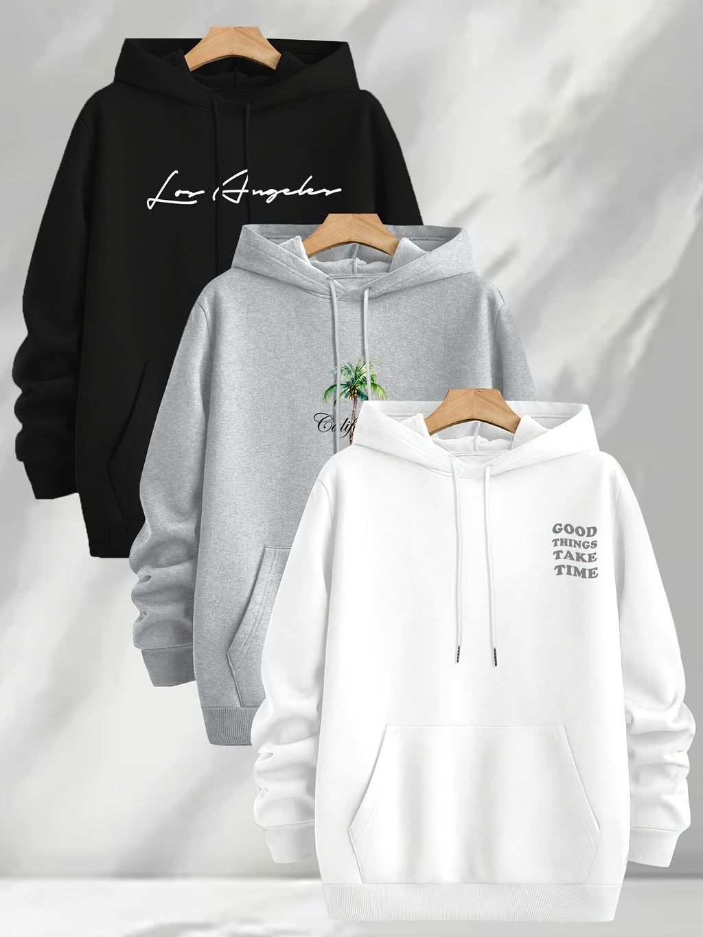 3pcs Trendy Print Sweatshirt, Men's Casual Hooded Sweatshirt, Long-sleeve Pullover, Slightly Stretchy, Knitted Polyester Fabric, Regular Fit Men's Hoodie - Black+light Gray+white