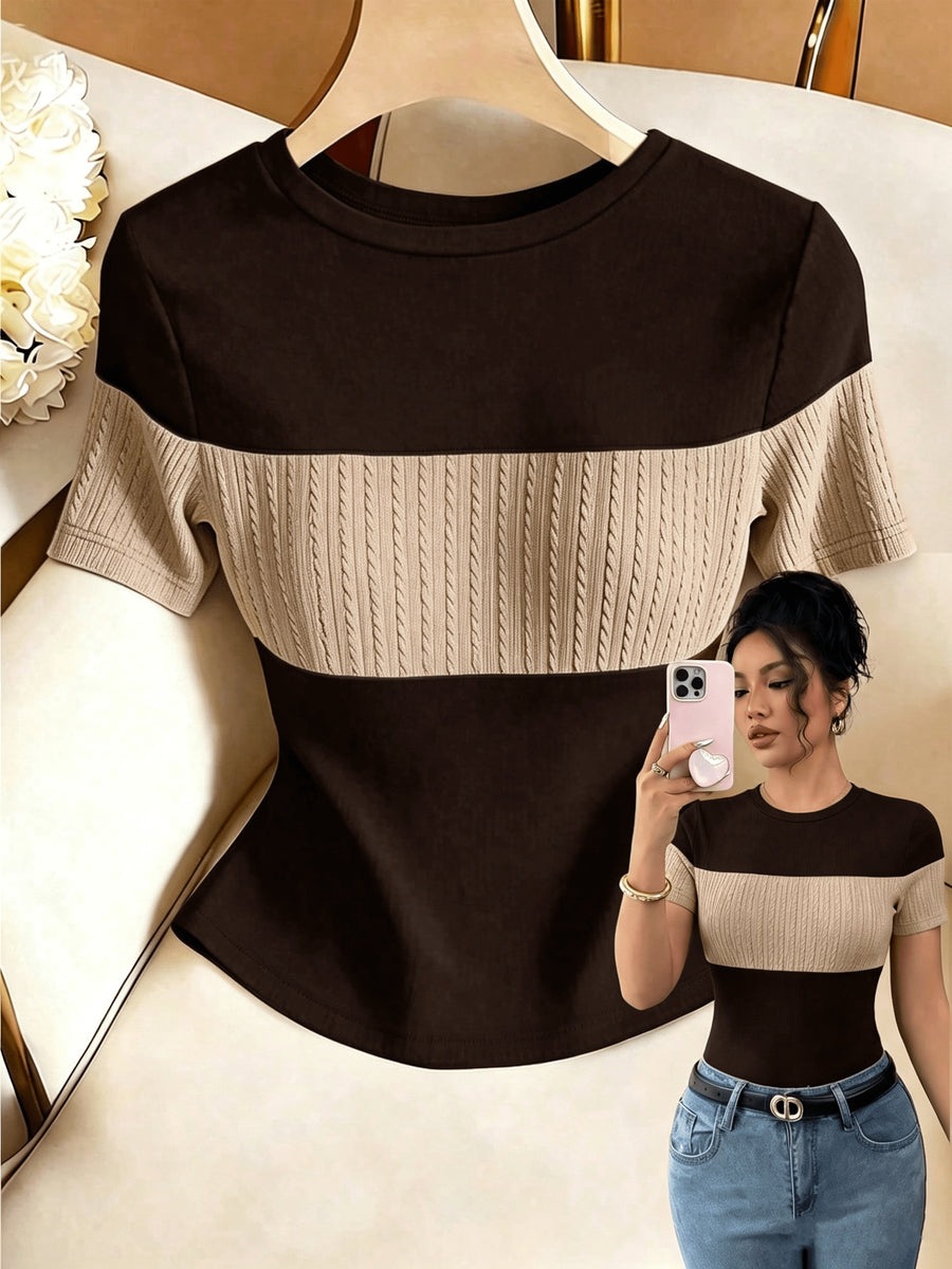 Women'S Casual Muscle Texture Patchwork T-Shirt - Coffee Brown