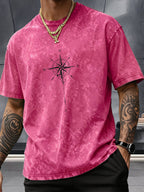 Men's Washed Distressed Pure Cotton Loose Fit Drop Shoulder T-Shirt with Vintage Compass and Anchor Line Graphic Print on Front and Back, Versatile American Streetwear High Street Hip-Hop Style, Couple's Matching Outfit for Streetwear, Daily Outings - Rose Red