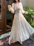 New French-Style Floral Print Dress, Autumn/Winter Long Sleeve Chiffon Tea Break Maxi Dress, Waist-Cinching Long Dress, High-End Beach Vacation Bridesmaid Dress, Elegant Party Women's Dress, Party Gown - Champagne