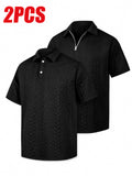 Men'S Wheat Jacquard Polo Shirts, 2pcs Combo Set (Half-Zip And Button Style), 3 Colors Available, Stretch Knit Short Sleeve Tops - Black