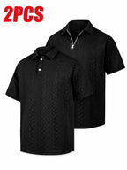 Men'S Wheat Jacquard Polo Shirts, 2pcs Combo Set (Half-Zip And Button Style), 3 Colors Available, Stretch Knit Short Sleeve Tops - Black