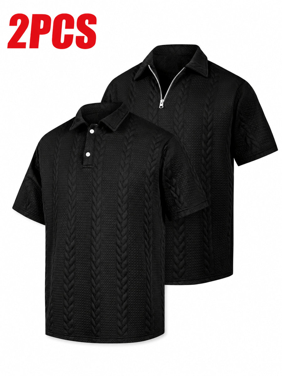 Men'S Wheat Jacquard Polo Shirts, 2pcs Combo Set (Half-Zip And Button Style), 3 Colors Available, Stretch Knit Short Sleeve Tops - Black
