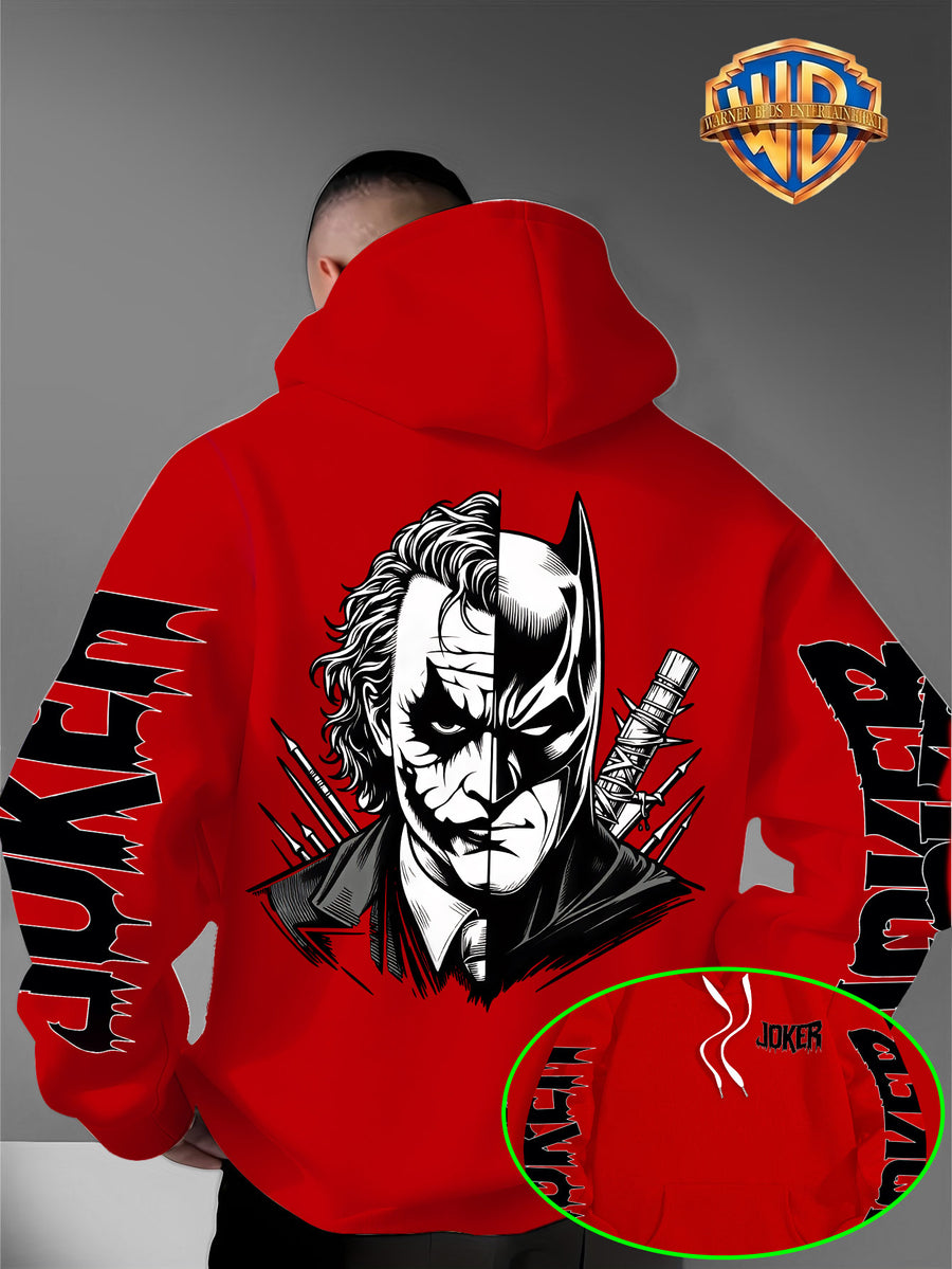 Men'S Warner DC Comics Enthusiast Autumn Winter Hooded Sweatshirt, Batman Joker Half-And-Half Black White Sketch Double-Sided Print Loose Casual Hoodie, Suitable for Superhero Fans, Campus Daily Outings, Casual Shopping - Red