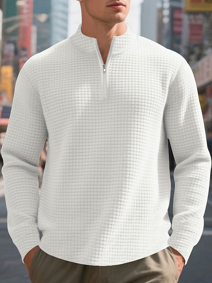Men'S Four-Season Minimalist Casual Loose Jacquard Stand Collar Half-Zip Base Sweatshirt - White