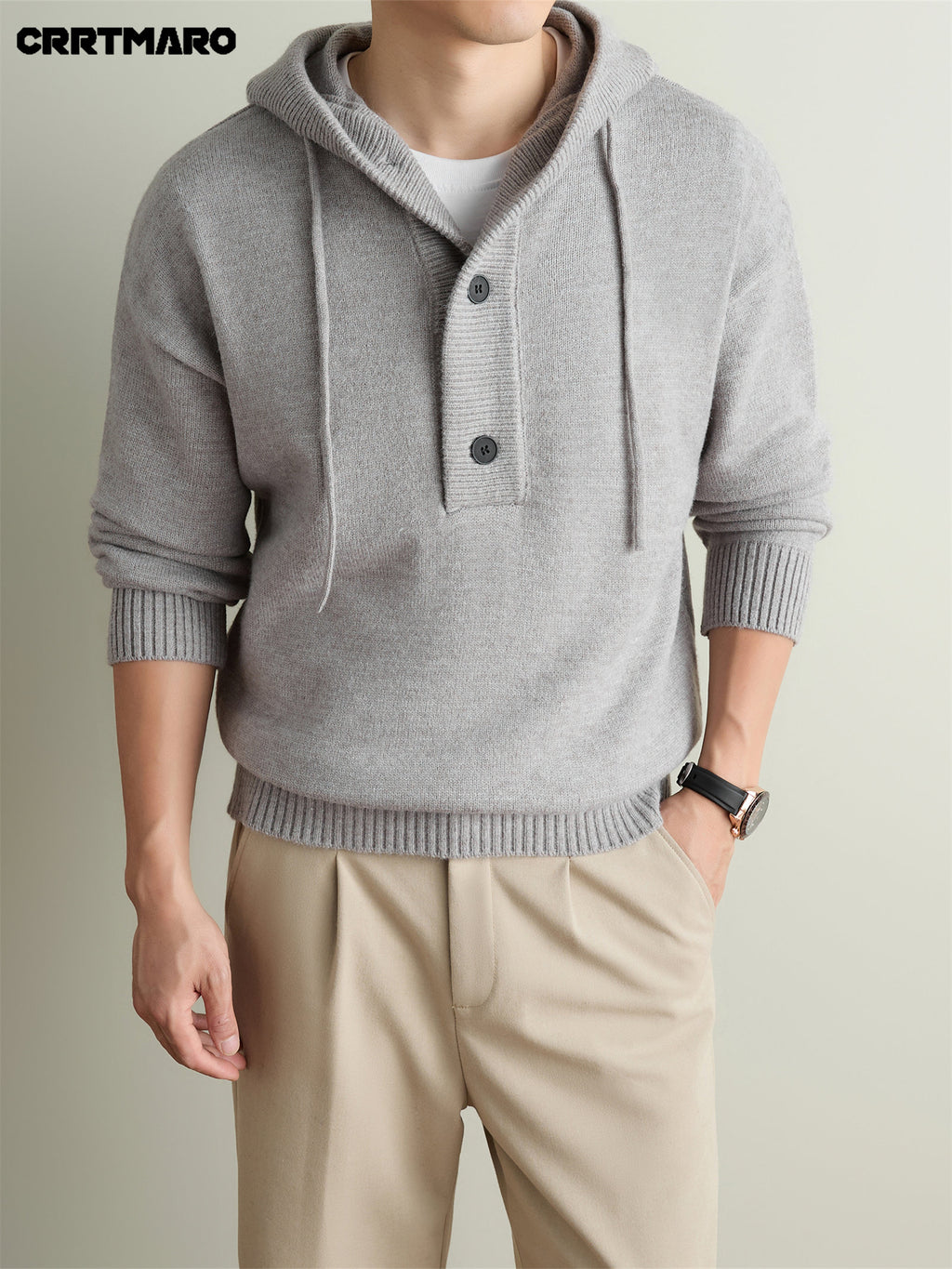 Men's Heavyweight Thick Hooded Pullover Sweater, Warm Casual Layering Top for Fall and Winter - Light Grey