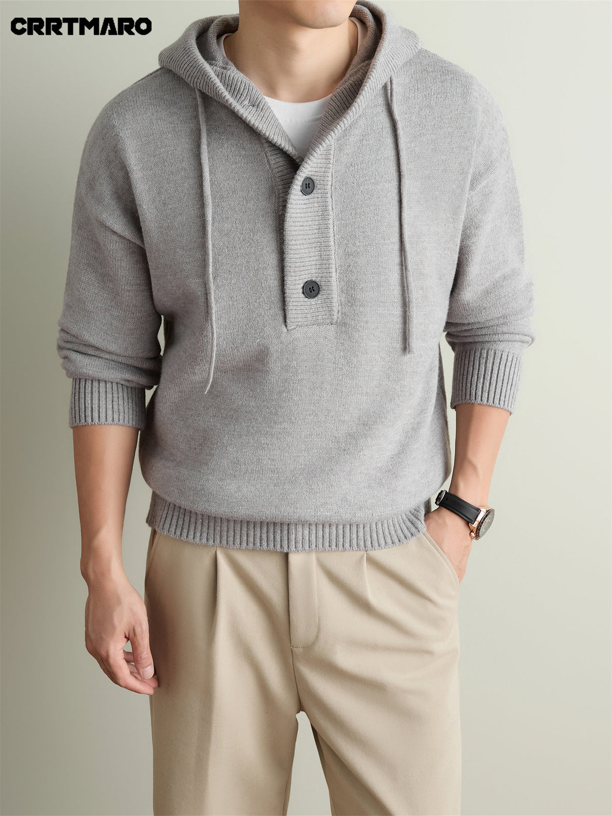 Men's Heavyweight Thick Hooded Pullover Sweater, Warm Casual Layering Top for Fall and Winter - Light Grey