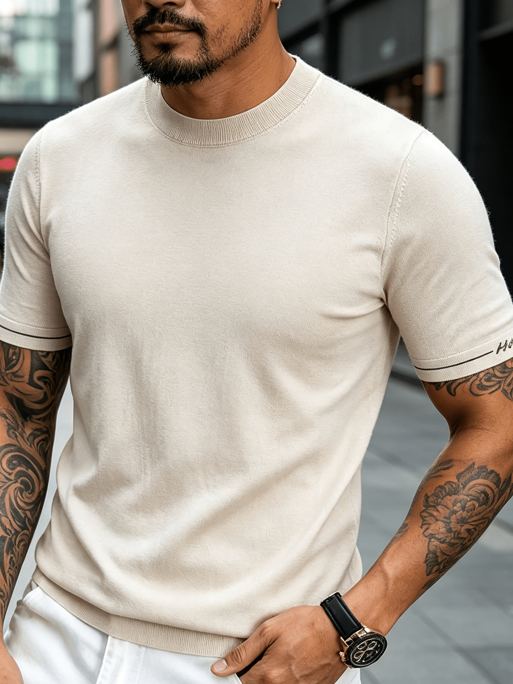 Men' Summer Short-Sleeve Knit Shirt with White-Trimmed Cuff - Stretchable Round Neck -Compatible Suitable for Urban Streetwear & Business Casual, Solid Color Multi-Color Tunic Top for Commuting and Office Wear - Yami Apricot