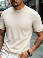 Men' Summer Short-Sleeve Knit Shirt with White-Trimmed Cuff - Stretchable Round Neck -Compatible Suitable for Urban Streetwear & Business Casual, Solid Color Multi-Color Tunic Top for Commuting and Office Wear - Yami Apricot
