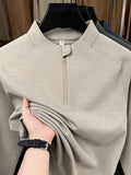 Men's Stand Collar Half-Zip Long Sleeve Base Layer, Raglan Sleeve Cut, Minimalist Business Casual Functional Style Warm Top - SINBOS - Light Khaki