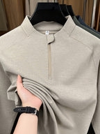 Men's Stand Collar Half-Zip Long Sleeve Base Layer, Raglan Sleeve Cut, Minimalist Business Casual Functional Style Warm Top - SINBOS - Light Khaki