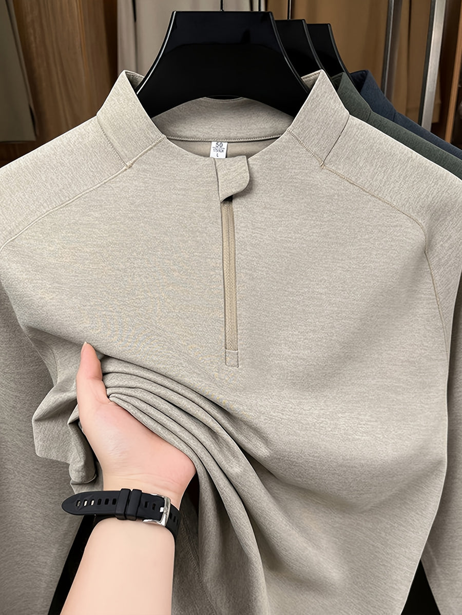 Men's Stand Collar Half-Zip Long Sleeve Base Layer, Raglan Sleeve Cut, Minimalist Business Casual Functional Style Warm Top - SINBOS - Light Khaki