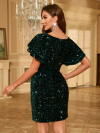 Graceful Sequined Ruffle Hem Cocktail Dress - Dark Green