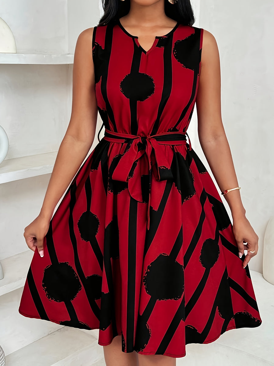 Elegant Red Floral Print Sleeveless Dress with Tie Waist - Notched Collar, A-Line Silhouette, Ruched Detail, Perfect for Summer, Adult Women'S Fashion, Casual Attire|Floral Print Dress|Polyester Fabric - Red