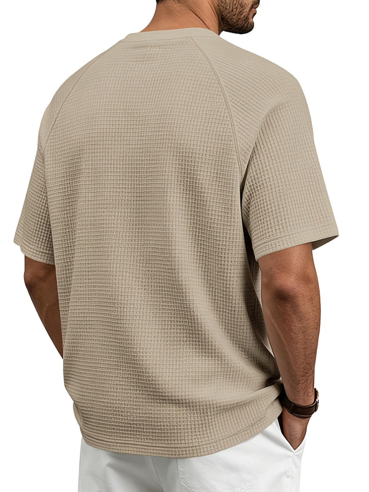 Men's Fashion Waffle Knit Raglan Sleeve V-Neck Short Sleeve Shirt, Men's V-Neck Short Sleeve T-Shirt, Chest Badge with Contrast Color Label, Stylish and Aesthetic - Khaki
