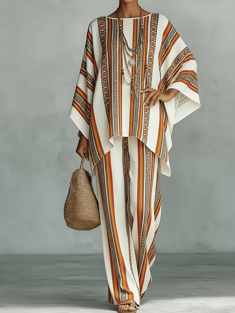 Spring And Autumn Casual Vacation Elegant Party Striped Printed Long Sleeve Set - Mixed colors