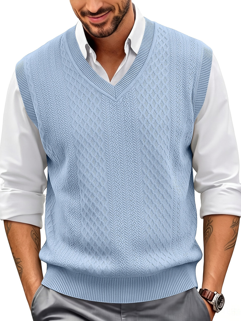 Xingfan OBM Men's Autumn/Winter Light Luxury New Ribbed V-Neck Cable Knit Vest, Rhombus Jacquard Sleeveless Sweater Cardigan, Business Gentleman's Layering Knit Top. Soft and Warm Knitted Fabric, Vintage Three-dimensional Cable Knit Rhombus Texture - Light Blue